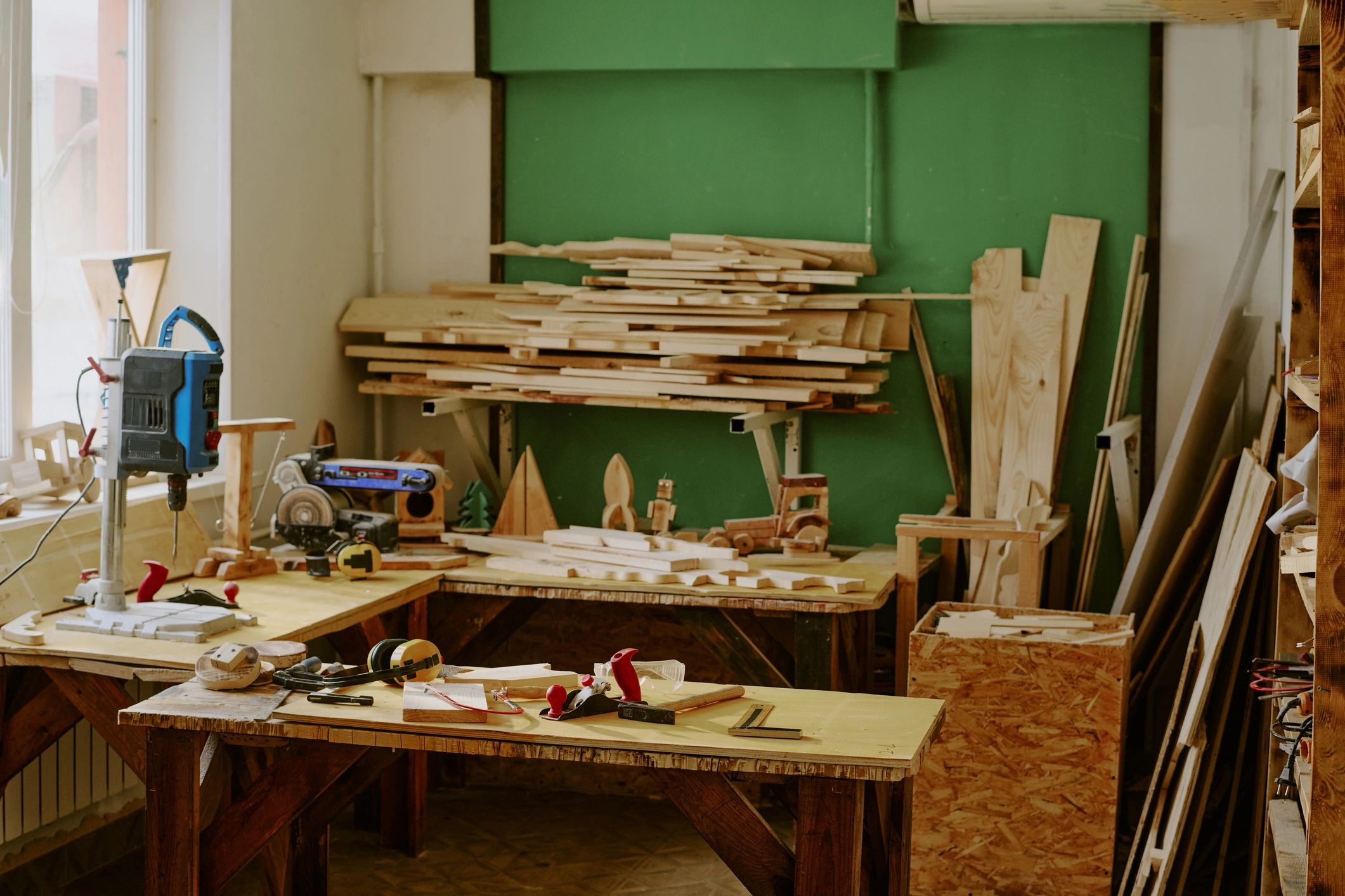 Artisan workshop with woodworking tools and materials